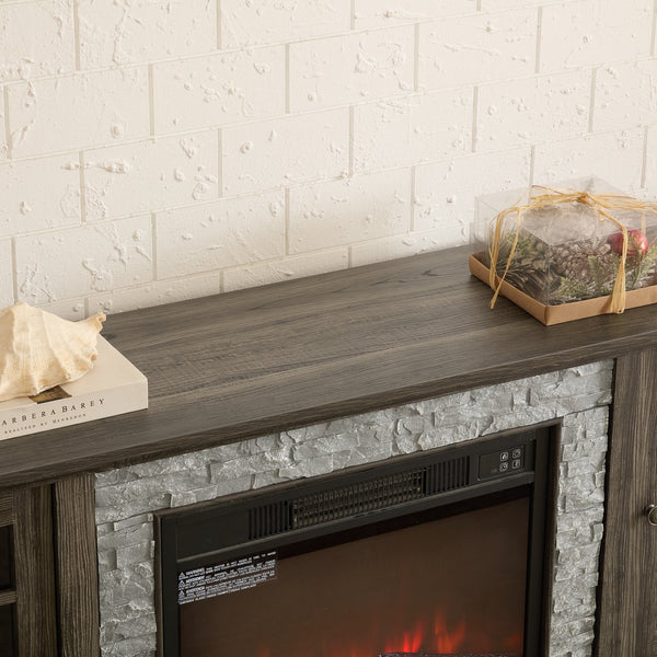 English Elm 70" Modern TV Stand with 23" Electric Fireplace, Faux Stone Mantel, Ample Storage & Cable Management Grey W2275S00024