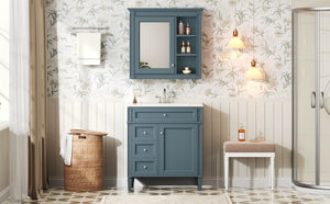 English Elm 30'' Freestanding Bathroom Vanity Set with Mirror Cabinet Ceramic Sink Soft Close SW000126AAM-1