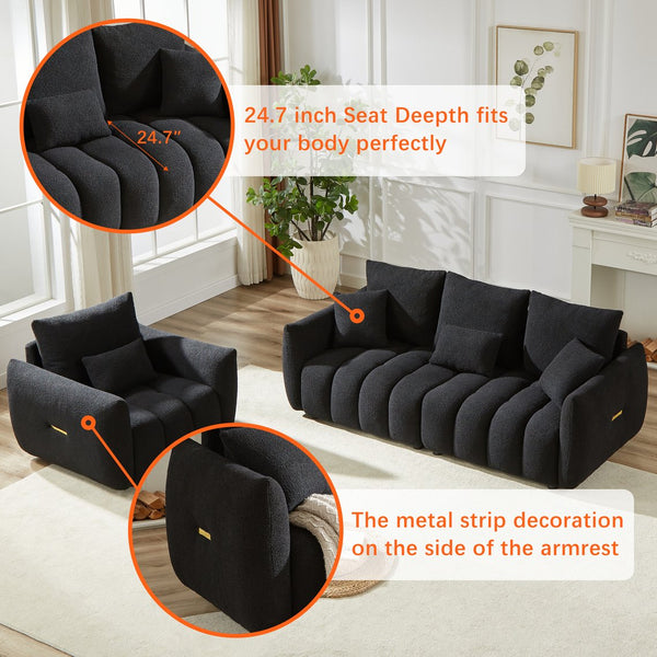 English Elm 1 Seater Modern Lounge Chair Sofa with Teddy Fleece, Wooden Frame, 7 Cushions, Sturdy 250lb Seats Black W1193S00167