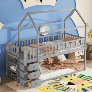 English Elm Twin/twin House Bunk Bed Solid Pine Playhouse Frame with Storage Drawers Shelves Grey W697S00033