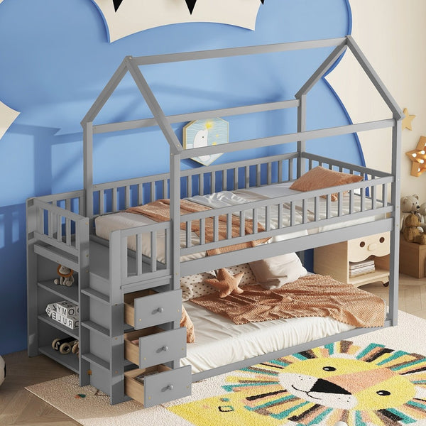 English Elm Twin/twin House Bunk Bed Solid Pine Playhouse Frame with Storage Drawers Shelves Grey W697S00033