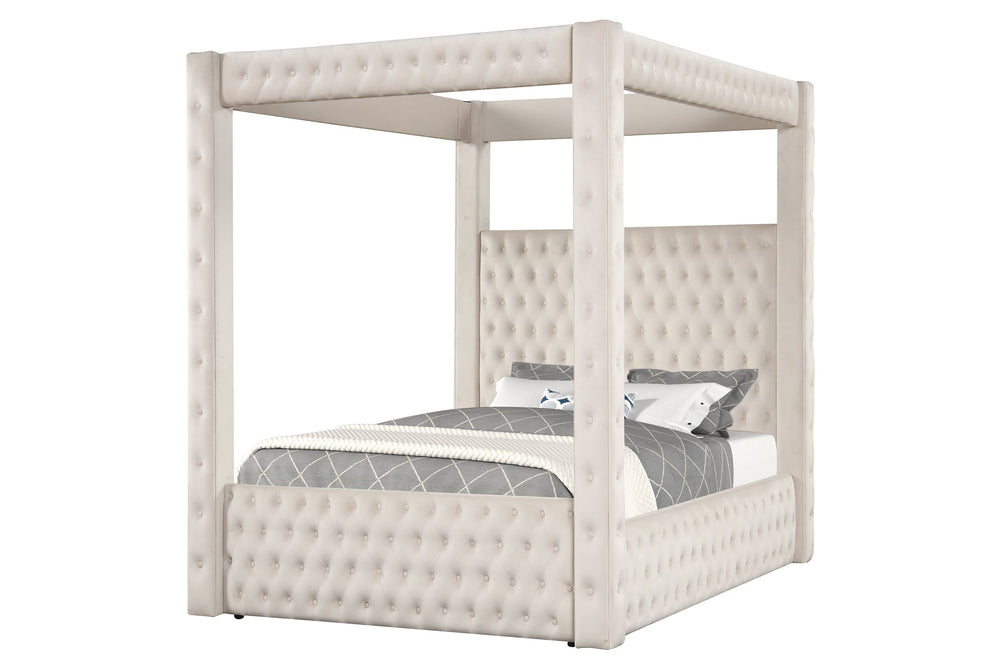 English Elm 1pc Majestic Canopy Four-Poster Queen Bed with Tufted Velvet Headboard & Footboard, Luxurious Statement Ivory 62 L x 45.25 W x 7 H B2741S00130