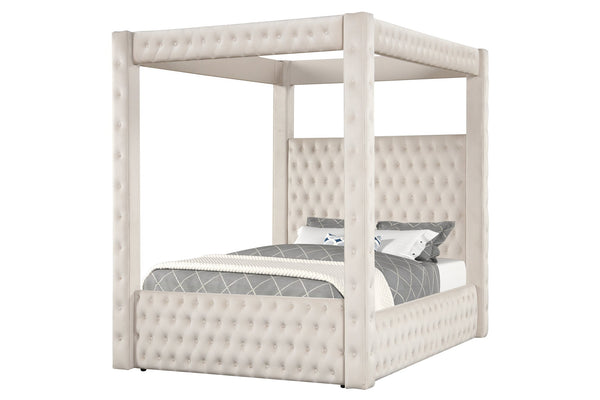 English Elm 1pc Majestic Canopy Four-Poster Queen Bed with Tufted Velvet Headboard & Footboard, Luxurious Statement Ivory 62 L x 45.25 W x 7 H B2741S00130