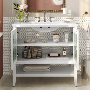 English Elm Christopher Knight Home® - 36" Bathroom Vanity with Ceramic Sink, Solid Wood Legs, Waterproof Finish, Soft-Close Hinges, Open Shelf, Silver Knobs White N817P286249W