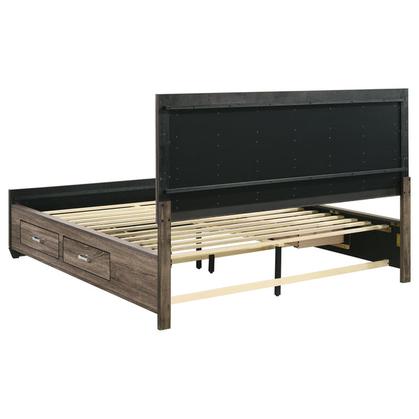 English Elm Carbon Washed Taupe Panel Storage Bed California King with Slatted Frame, Built-In Drawers, Rustic Modern Elegance B062S00688