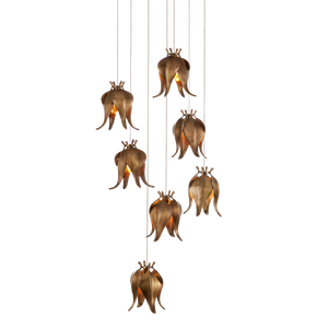 Iota Round Multi-Drop Pendant Light - Elegant Antique Brass Flower Bud Design for Modern Spaces