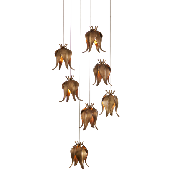 Iota Round Multi-Drop Pendant Light - Elegant Antique Brass Flower Bud Design for Modern Spaces