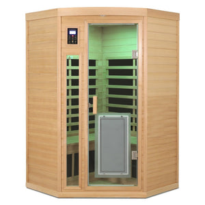 English Elm Low Emf Two Person Far Infrared Corner Sauna in Hemlock Wood with Glass Door Panel W632S00027