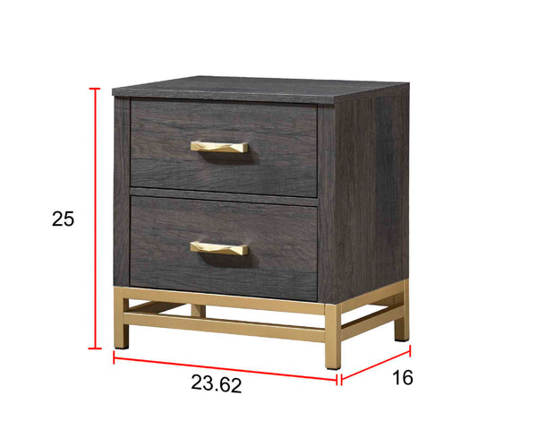 English Elm 1pc Contemporary 2-Drawer Nightstand with Metallic Accents, Warm Wood Finish, Modern Storage Appeal Gold,Gray 26.38 L x 18.74 W x 28.9 H B2741P353121