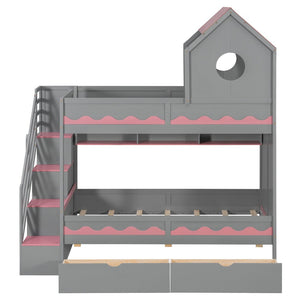 English Elm Twin Over Kids Bunk Bed with Castle Roofline Led Lights and Staircase Storage Gray N820S00068E