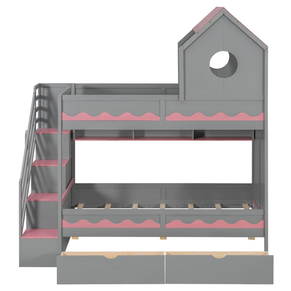 English Elm Twin Over Kids Bunk Bed with Castle Roofline Led Lights and Staircase Storage Gray N820S00068E