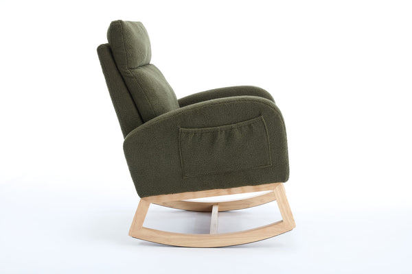 English Elm 015B-Teddy Rocking Chair with Plush Teddy Fabric, Ergonomic High Back, Adjustable Footstool, Pocket Green W527P360695