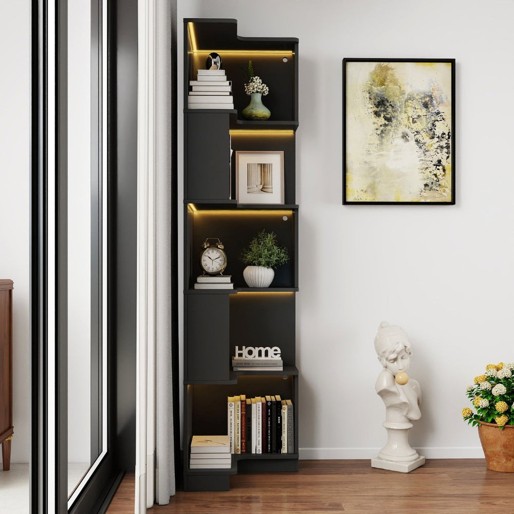 English Elm Corner Bookcase Five Tier L Shaped Freestanding Shelf with Led Lights for Any Room W331P377358