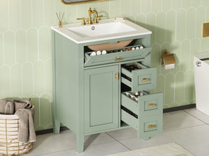 English Elm "24'' 24 Inch Glossy Freestanding Bathroom Vanity with Gold Hardware and Soft Close Storage Green Rubberwood N725P448529F