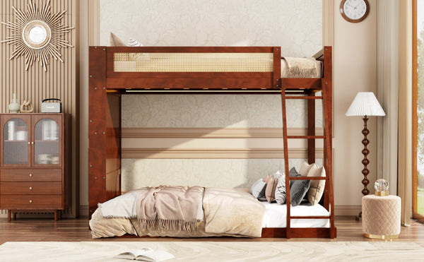 English Elm Twin Over Full Bunk Bed with Cane Guardrail Led Lighting and Built-in Bookshelf Espresso LT000351AAP