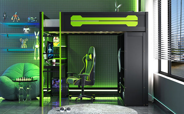 English Elm Full Size Gaming Loft Bed with Rgb Lighting Integrated Desk and Open Wardrobe Green N820S00073F