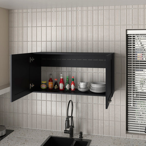 English Elm Utica Wall Cabinet with Mirrored Front and Clear Shelves for Modern Kitchen Organization and Durability Black B092P309180