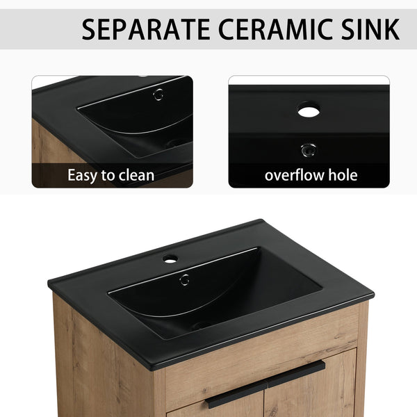 English Elm 48 Inch Freestanding Bathroom Vanity With Black Ceramic Sink & Soft-Close Storage Cabinets - Modern Elegance W999S00315