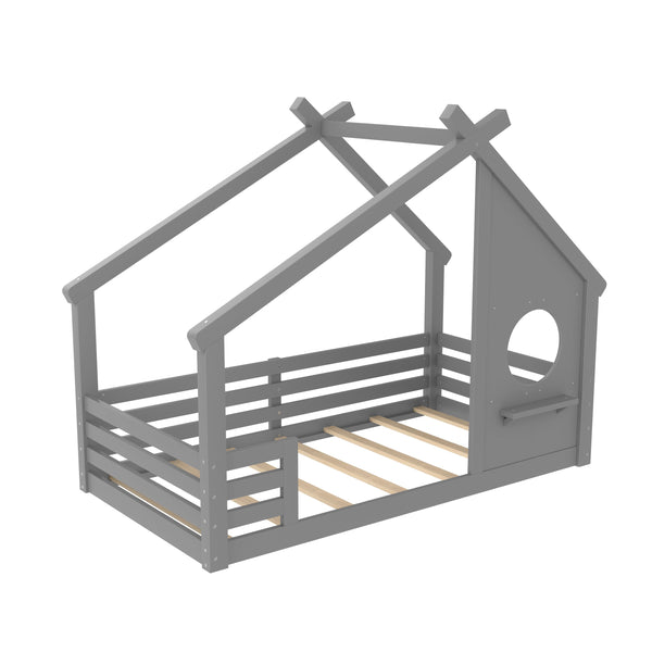 English Elm Twin House Floor Bed with Window & Shelf, Solid Wood Pitched Roof Design for Safe Cozy Sleep Grey W1580P362683