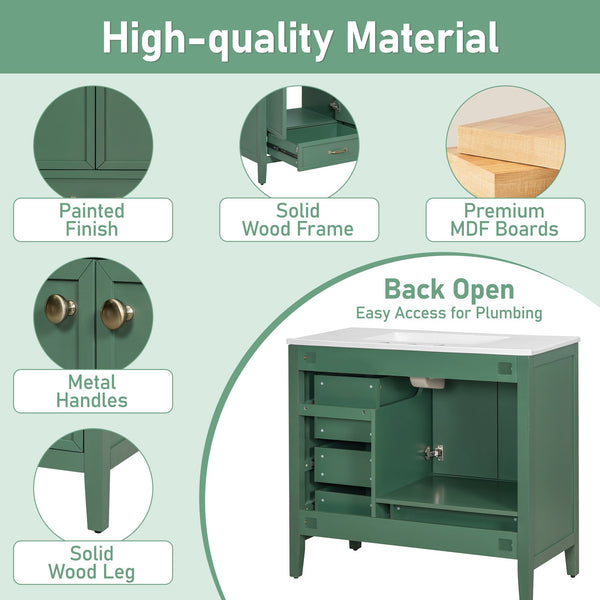English Elm Christopher Knight Home® - 36" Vintage-inspired Bathroom Vanity with Ceramic Sink, Solid Wood Frame, Soft-Close Drawers, Spacious Storage Green N759P293646F