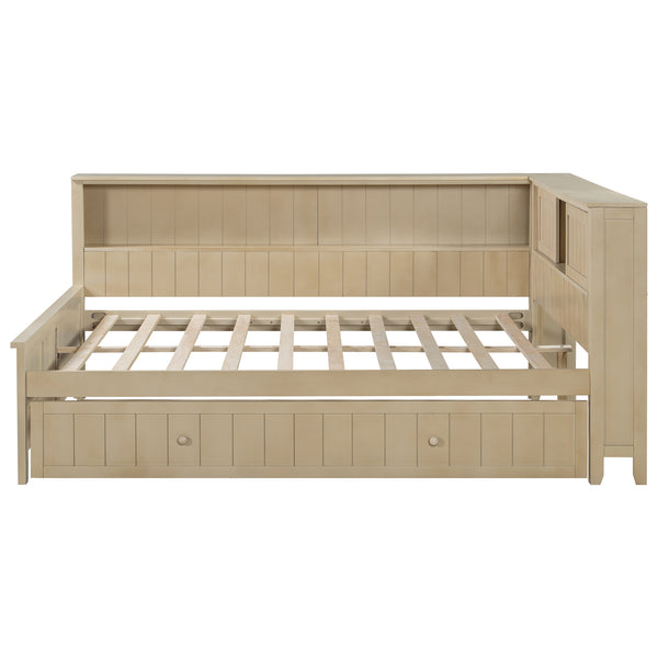 English Elm Full Full Size Wood Daybed with Trundle, Antique White Milk Finish, Built-In Storage Shelves & Charming Design N7090002225K