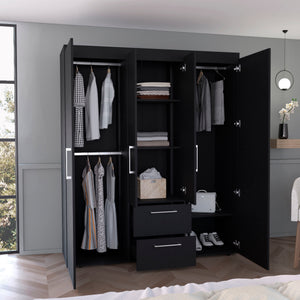 English Elm Bariloche Wardrobe Organizer with Dual Hanging Sections, Central Shelves and Dual Drawers for Home Storage Black 71 L x 24 W x 5 H B070S00256