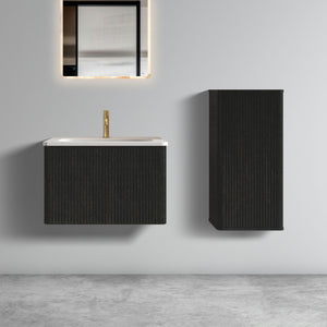 English Elm U056-Etna24W-308 Striped Brushed Black Oak Floating Vanity with White Integrated Ceramic Sink, Push-Open Drawer, Curved Edges W1865P218038