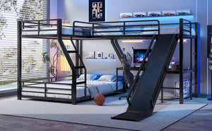 English Elm L-Shaped Triple Bunk Bed With Slide, Usb Ports, And Space-Saving Design For Kids & Teens, Black W1580S00277