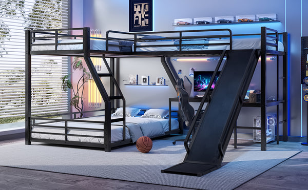 English Elm L-Shaped Triple Bunk Bed With Slide, Usb Ports, And Space-Saving Design For Kids & Teens, Black W1580S00277