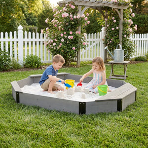English Elm Octagon Solid Wood Sandbox with Built-in Bench Seating Cover and Liner for Backyard Play Grey W2640P470152