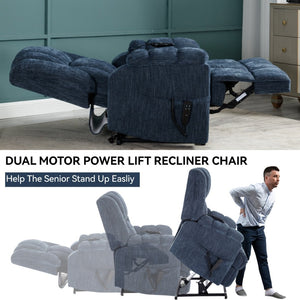 English Elm Dual Motor Power Lift Recliner Chenille Chair with Massage Heat and Infinite Positions Blue W3224P288489