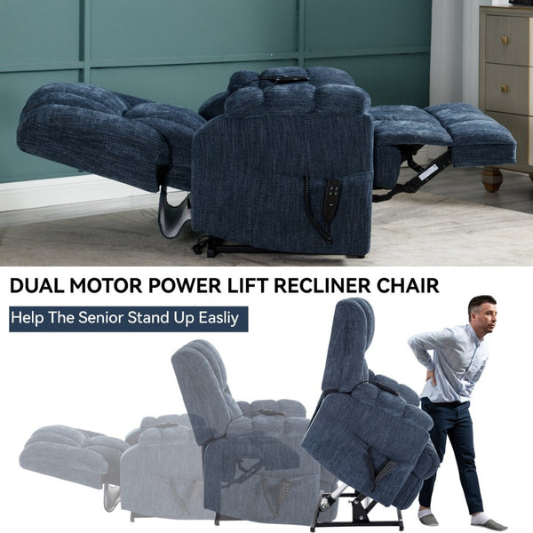English Elm Dual Motor Power Lift Recliner Chenille Chair with Massage Heat and Infinite Positions Blue W3224P288489
