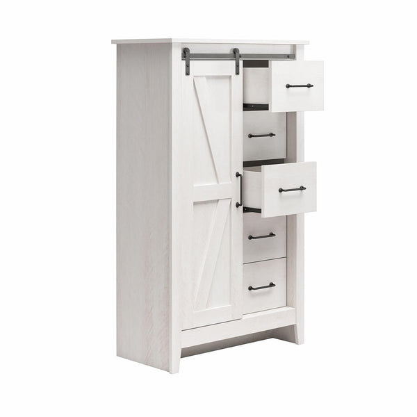 English Elm Alton Farmhouse Chest with Sliding Barn Door Five Drawers and Matte Black Hardware Oak B2733S00019