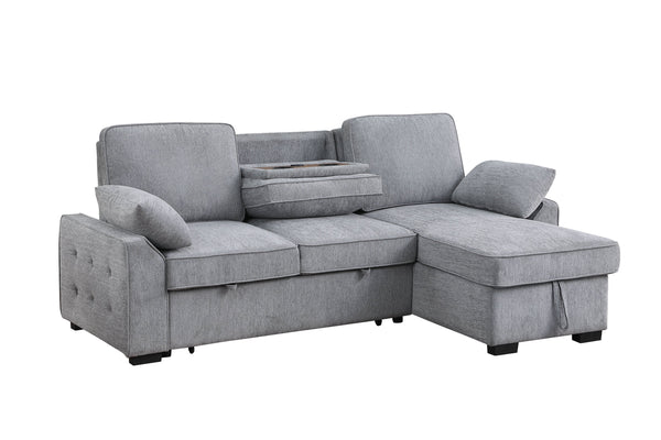 English Elm Mackenzie Chenille Fabric Reversible Sleeper Sectional with Storage Chaise, Drop-Down Console and USB Charging Ports Light Gray B061S00934