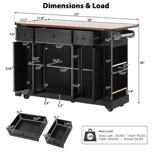 English Elm K&k Farmhouse Rolling Kitchen Island with Drop Leaf Tempered Glass Drawers and Power Outlet Black N707S263637B