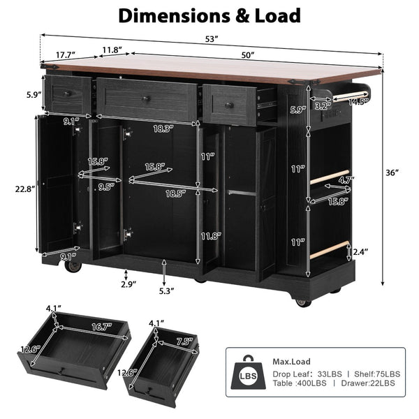 English Elm K&k Farmhouse Rolling Kitchen Island with Drop Leaf Tempered Glass Drawers and Power Outlet Black N707S263637B