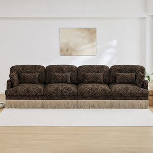 English Elm 131" Chenille Leopard Sectional Sofa Modular 4 Seat Deep Cushion Tassel Trim Brown W5656S00016