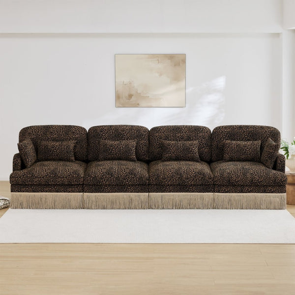 English Elm 131" Chenille Leopard Sectional Sofa Modular 4 Seat Deep Cushion Tassel Trim Brown W5656S00016