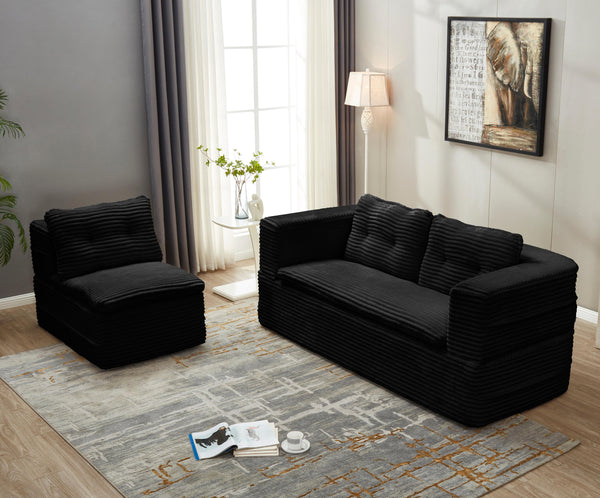 English Elm Multi Functional Sectional Sofa Bed Plush Corduroy Convertible 80" King Sleeper with Chaise, Deep Fluff Black W3219P339469