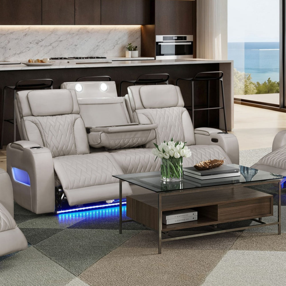 English Elm Jazmina Power Reclining Sofa Leather Aire Quilted Media Room Seating with Led Lighting White B2749P413354