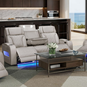 English Elm Jazmina Power Reclining Sofa Leather Aire Quilted Media Room Seating with Led Lighting White B2749P413354