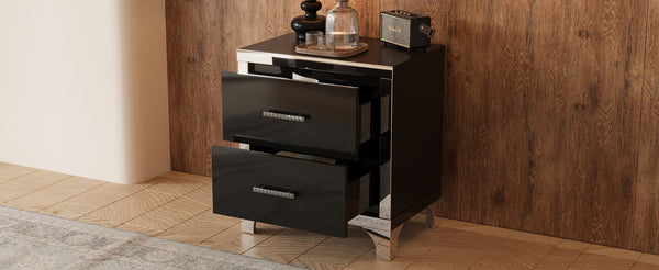 English Elm Elegant High Gloss Nightstand with Mirrored Accents and Metal Handle, 2-Drawer Modern Storage Table for Bedroom and Living Room, Sleek MDF Design Black 26.77 L x 18.9 W x 11.22 H N733P205356B