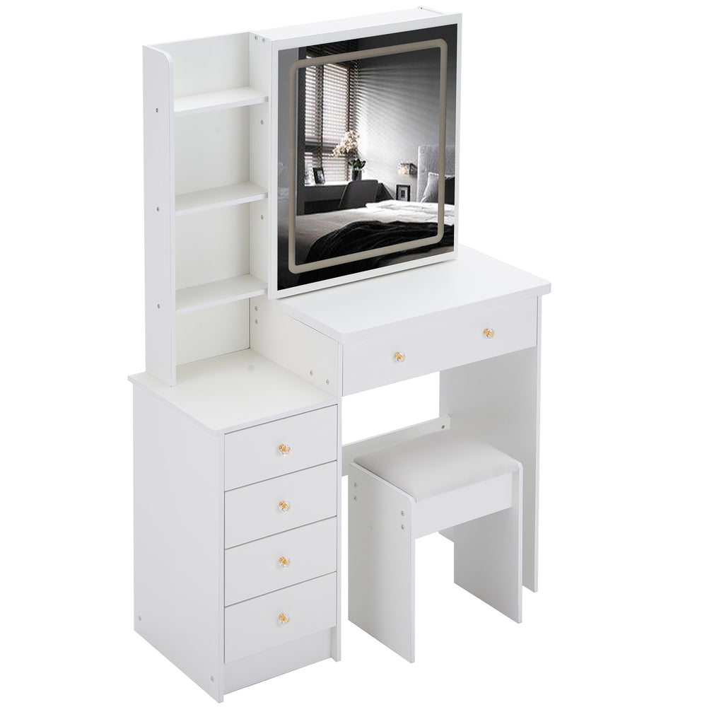 English Elm 37" Stylish Vanity Table Set With Cushioned Stool, Led Mirror, Usb Ports & Hair Dryer Stand - Perfect For Modern Bedrooms! W936P224319