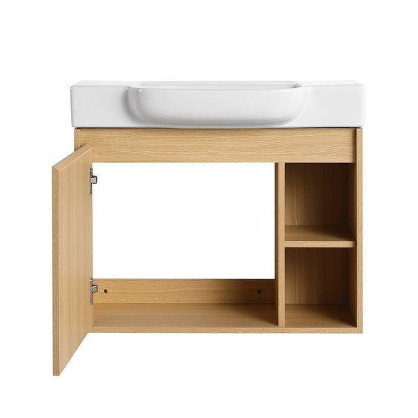 English Elm 28'' Floating Bathroom Vanity with Ceramic Sink Soft Close Door Melamine Cabinet Light Oak W999P426639