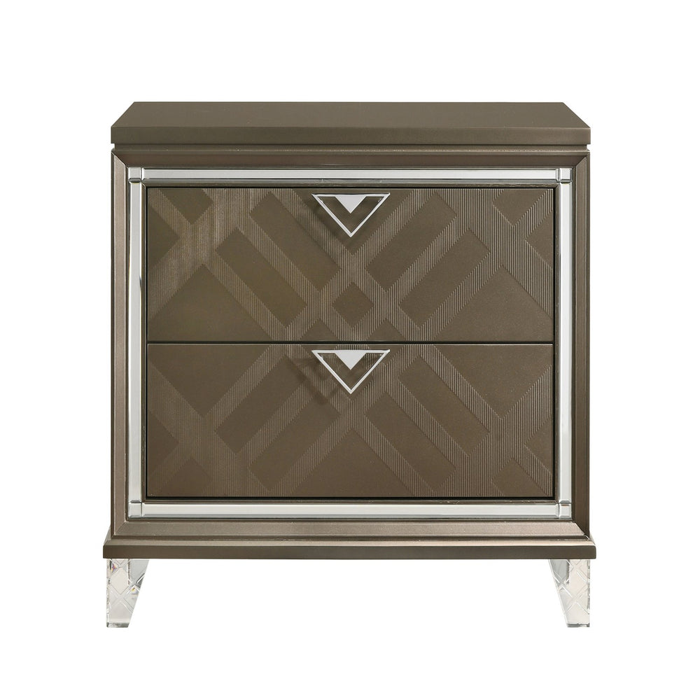 English Elm Dark Champagne Mirrored Nightstand with Acrylic Legs, 2 Drawers, Metal Knobs & Safety Stops — Glamorous Bedroom Accent B062P186502