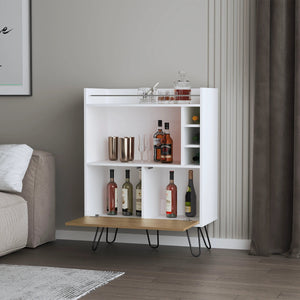 English Elm Wine White and Ash Wood Bar Cabinet with Drop-Down Door, Dual Shelves & Dedicated Wine Storage, Modern Appeal B062P290283