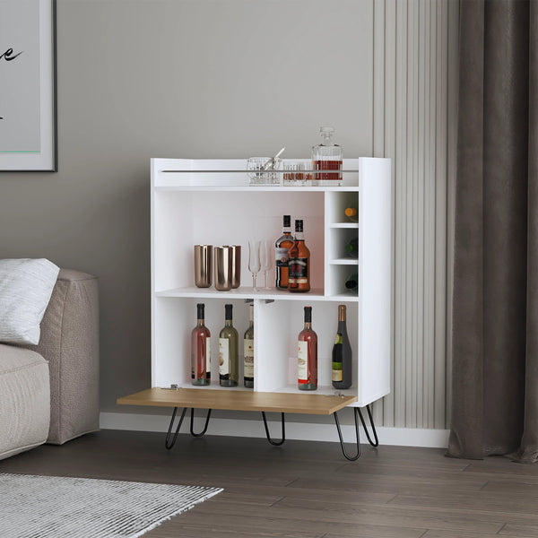 English Elm Wine White and Ash Wood Bar Cabinet with Drop-Down Door, Dual Shelves & Dedicated Wine Storage, Modern Appeal B062P290283