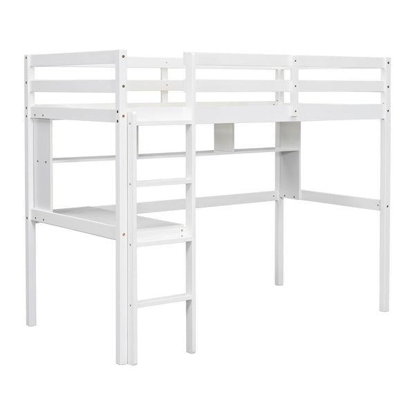 English Elm Twin Loft Bed with Built-In Desk and Bookcase, Pine Frame, Safety Guardrail, Ladder for Study Space White W504P181854