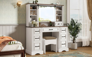 English Elm 47.2" Farmhouse Vanity Desk with Led Mirror Sliding Storage Stool 9 Drawers Oak White N704G202304A