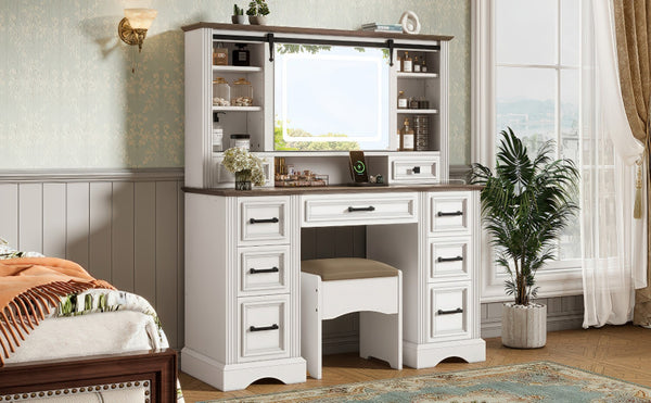 English Elm 47.2" Farmhouse Vanity Desk with Led Mirror Sliding Storage Stool 9 Drawers Oak White N704G202304A